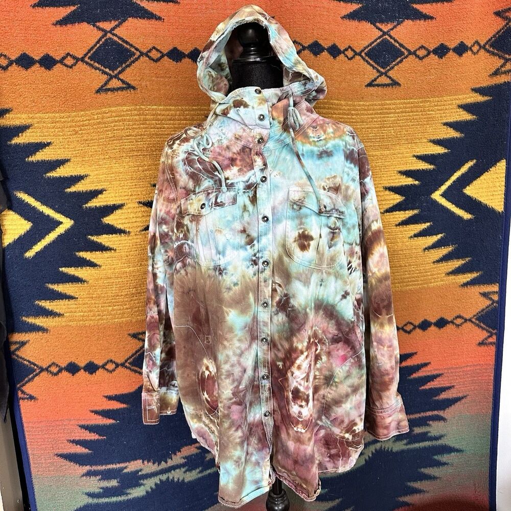 Vintage Roaman’s Button Up Tie Dyed Hooded Light Jacket. Pockets. Size 20 W.